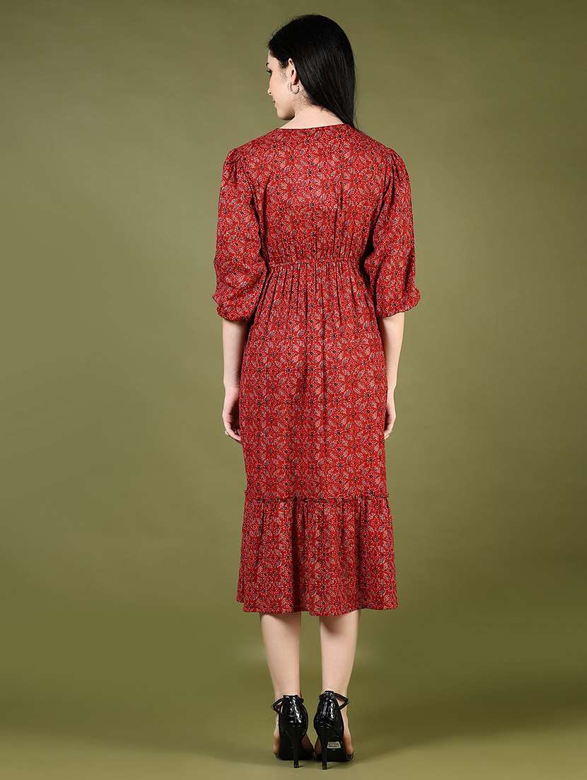 women red printed three quarter sleeve tiered ethnic dress - 21795076 -  Standard Image - 3