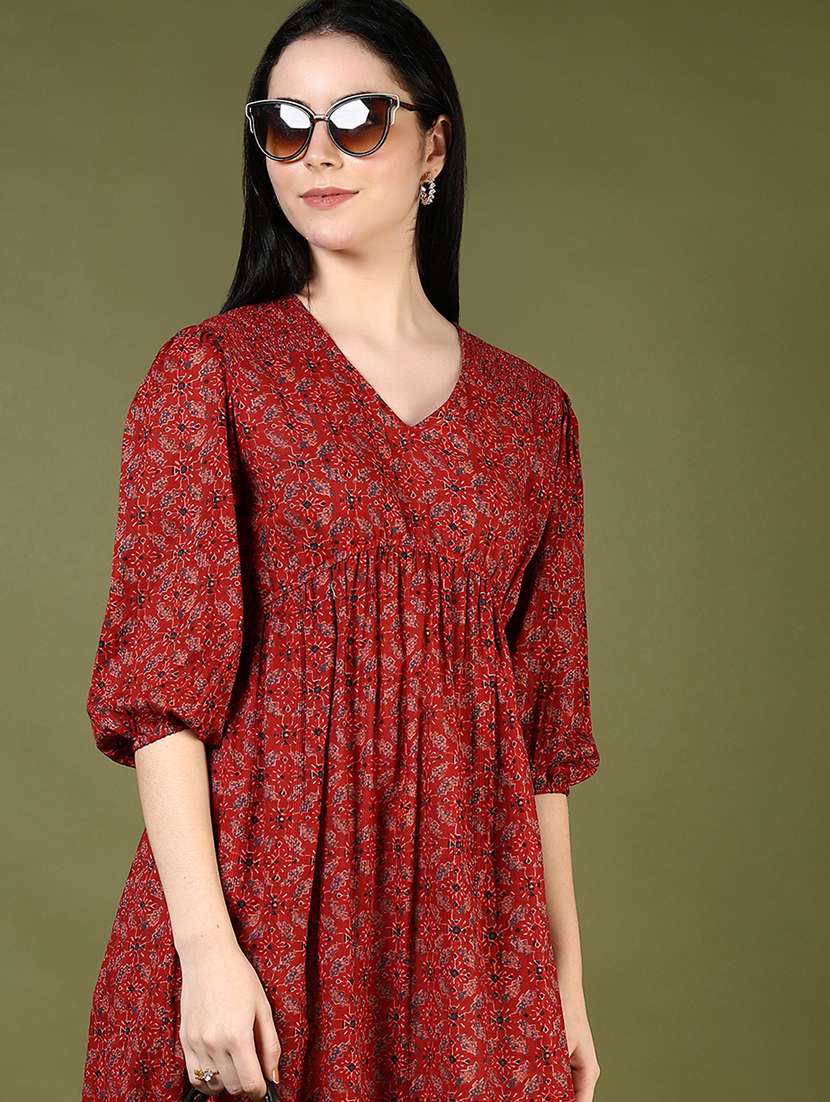 women red printed three quarter sleeve tiered ethnic dress - 21795076 -  Standard Image - 5