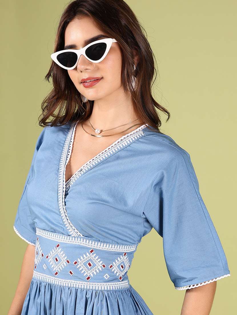 women light blue embroidered fit & flare ethnic dress - 21795100 -  Standard Image - 5