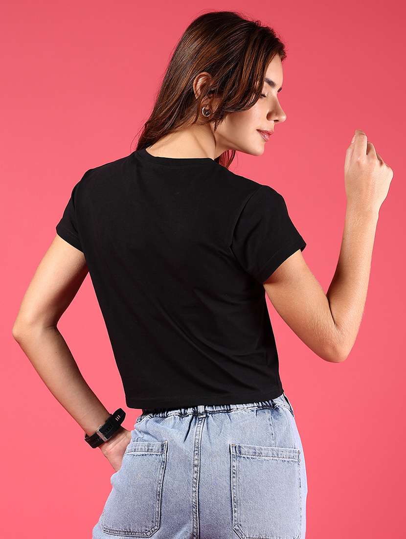 women solid short sleeves crop t-shirt - 21795108 -  Standard Image - 3