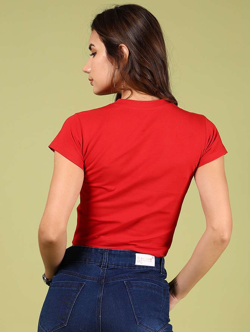 women red solid short sleeve crop t-shirt - 21795109 -  Standard Image - 3