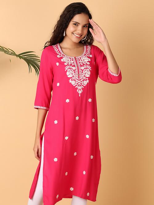 pink embroidered mandarin collar straight kurta - 21795125 -  Standard Image - 0