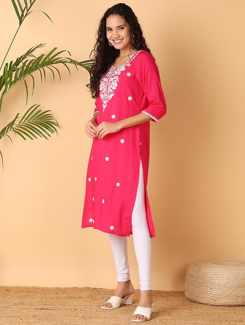 pink embroidered mandarin collar straight kurta - 21795125 - Standard Image - 3