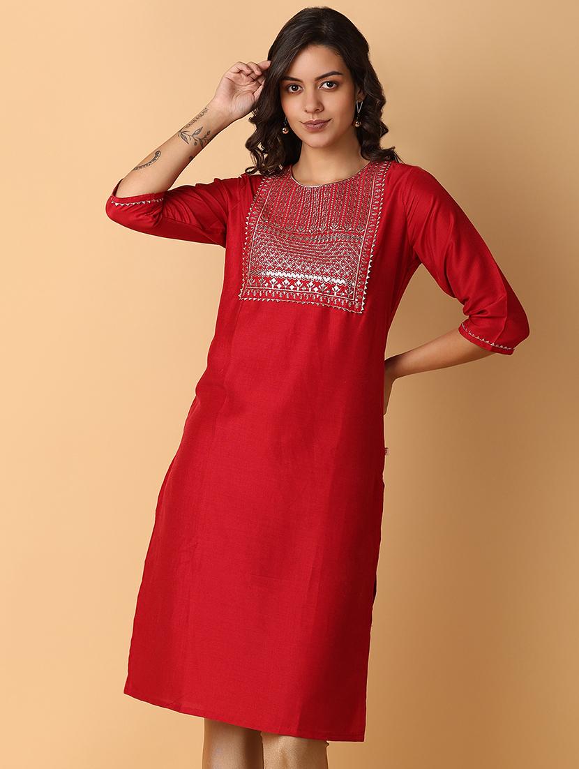 red embroidered straight kurta with round neck - 21795257 -  Zoom Image - 0