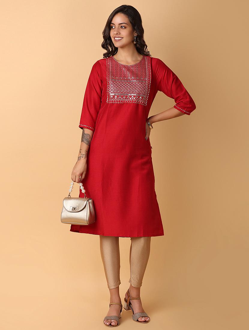 red embroidered straight kurta with round neck - 21795257 - Standard Image - 5