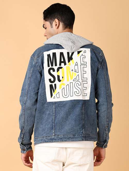 men typographic long sleeve hooded denim jacket - 21795314 - Standard Image - 0