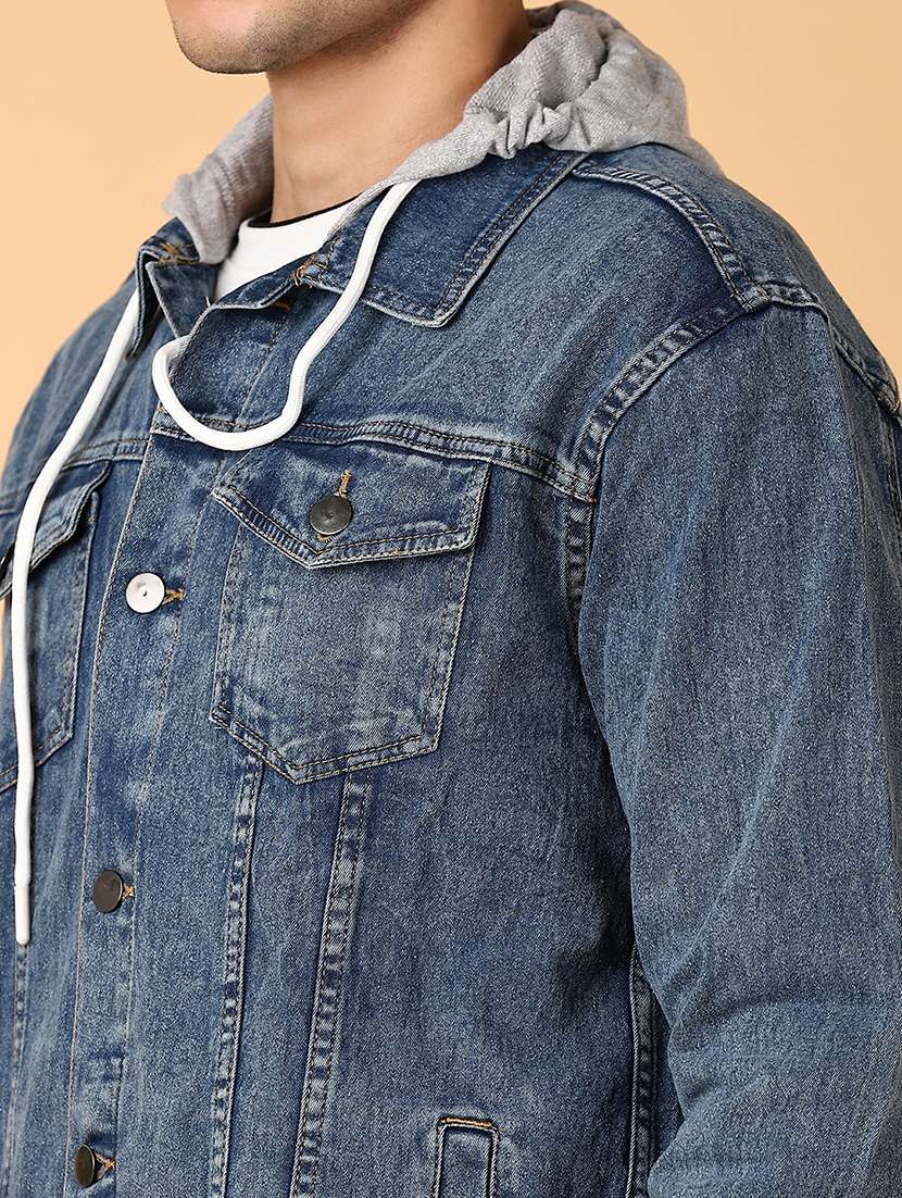 men typographic long sleeve hooded denim jacket - 21795314 - Standard Image - 3