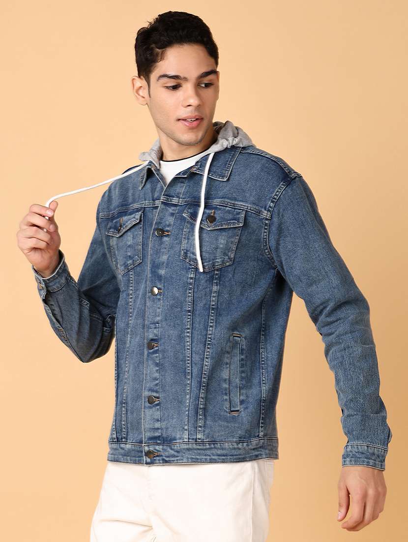 men typographic long sleeve hooded denim jacket - 21795314 - Standard Image - 5