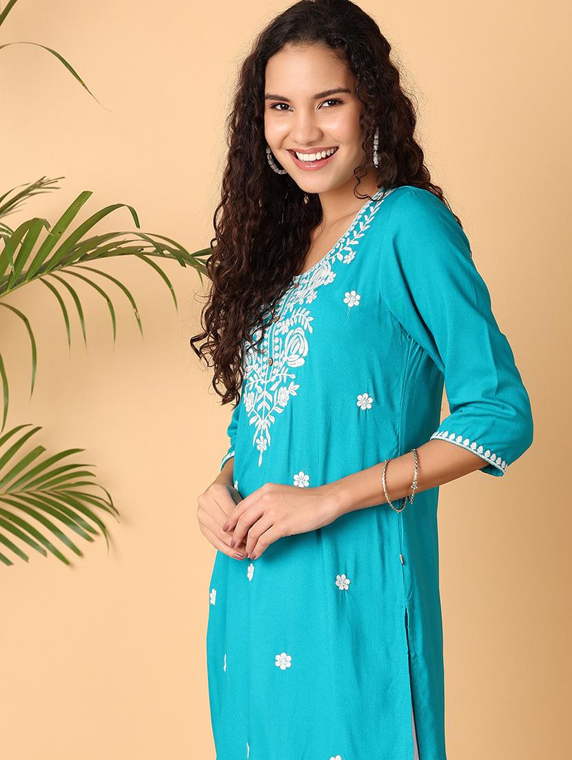 blue embroidered a-line festive wear kurta - 21795555 - Standard Image - 5