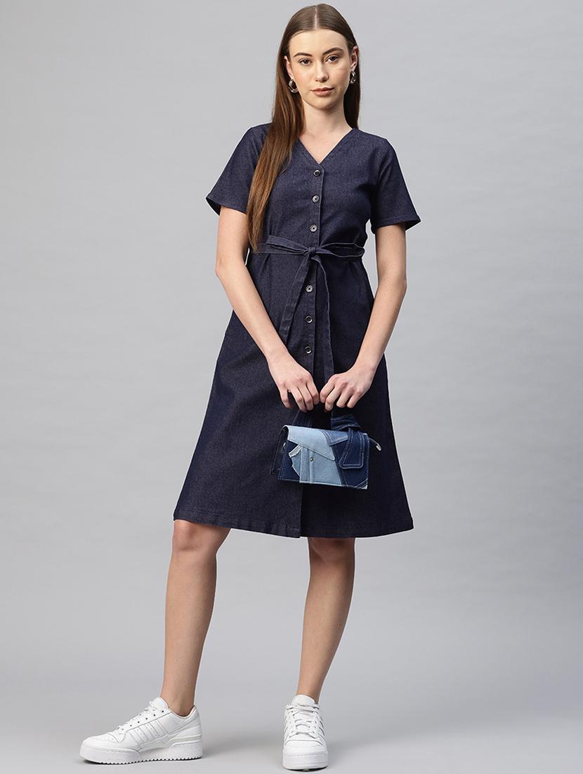 women solid short sleeves denim a-line dress - 21796767 -  Zoom Image - 0