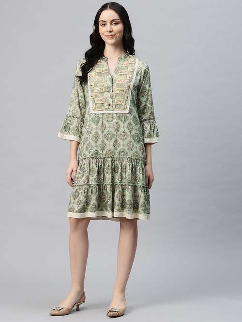 women printed mandarin neck tiered dress - 21796768 - Standard Image - 0