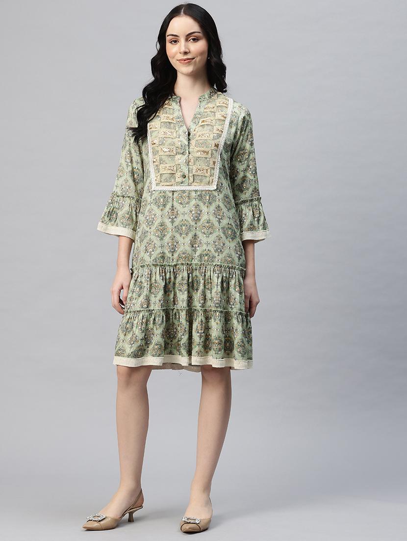 women printed mandarin neck tiered dress