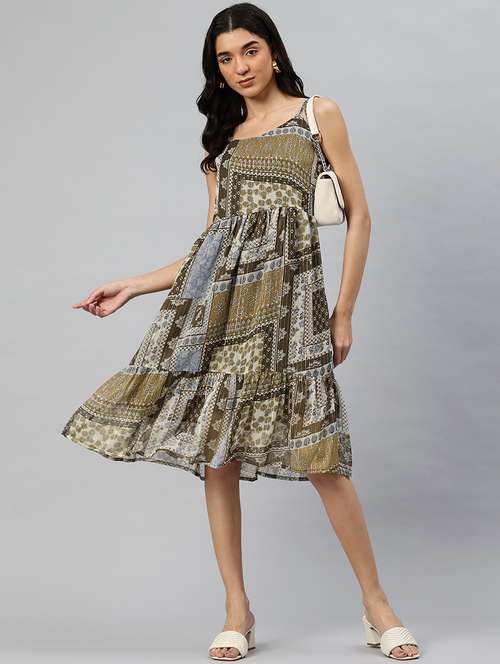 women printed shoulder strap sleeveless tiered dress - 21796771 -  Standard Image - 0