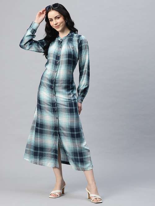 women checkered mandarin neck shirt dress - 21796775 -  Standard Image - 0
