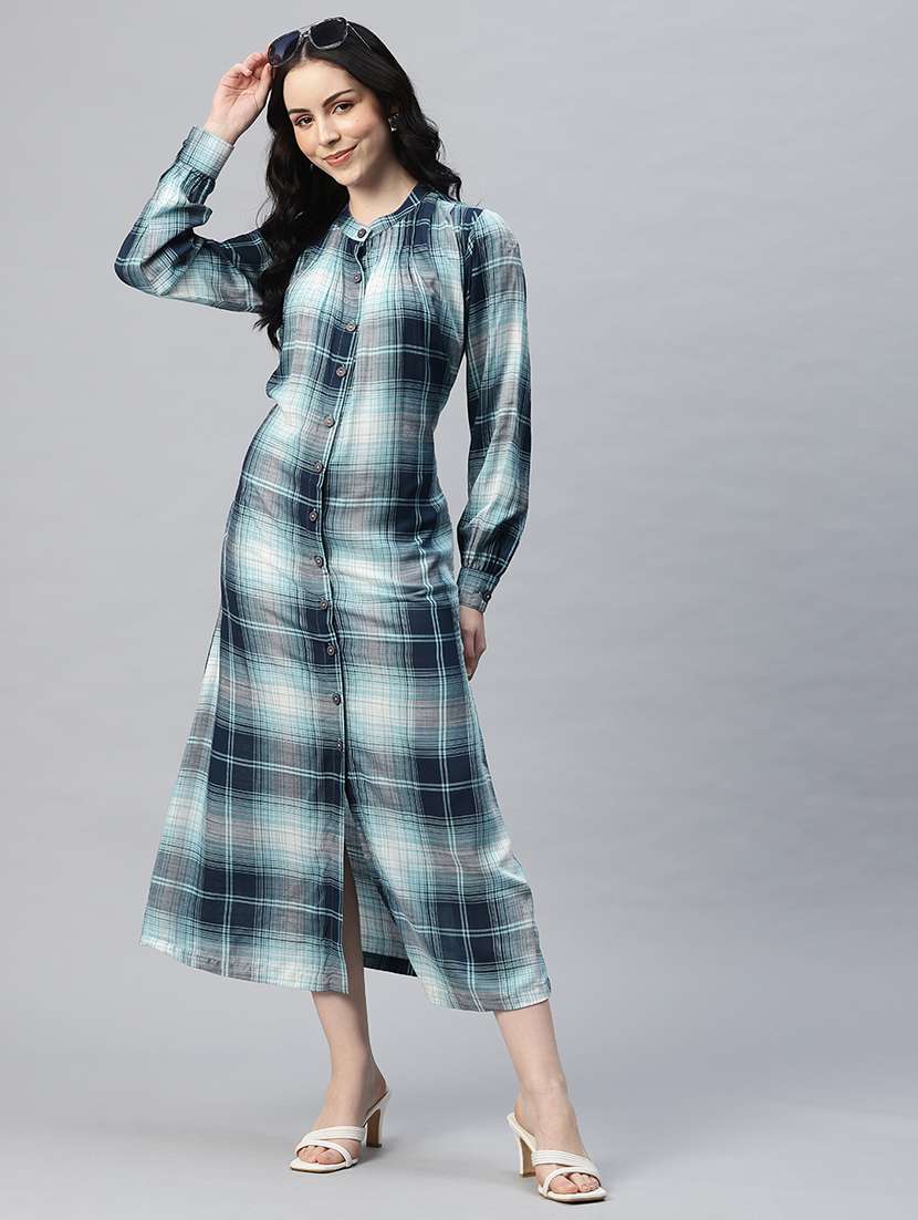 women checkered mandarin neck shirt dress