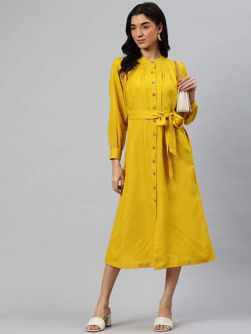 women solid mandrain neck a-line dress - 21796776 - Standard Image - 0