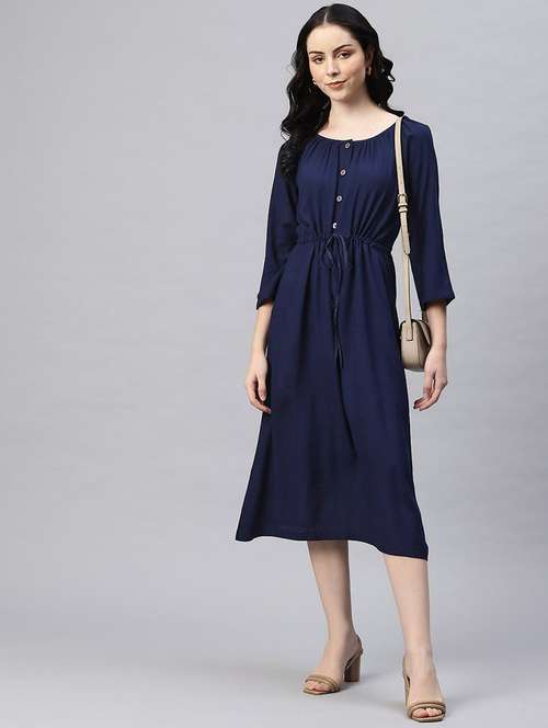women solid round neck a-line dress - 21796777 - Standard Image - 0