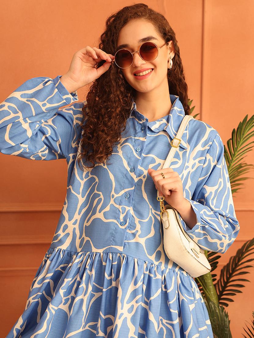 women printed puff sleeves collared tiererd dress - 21796958 - Standard Image - 3