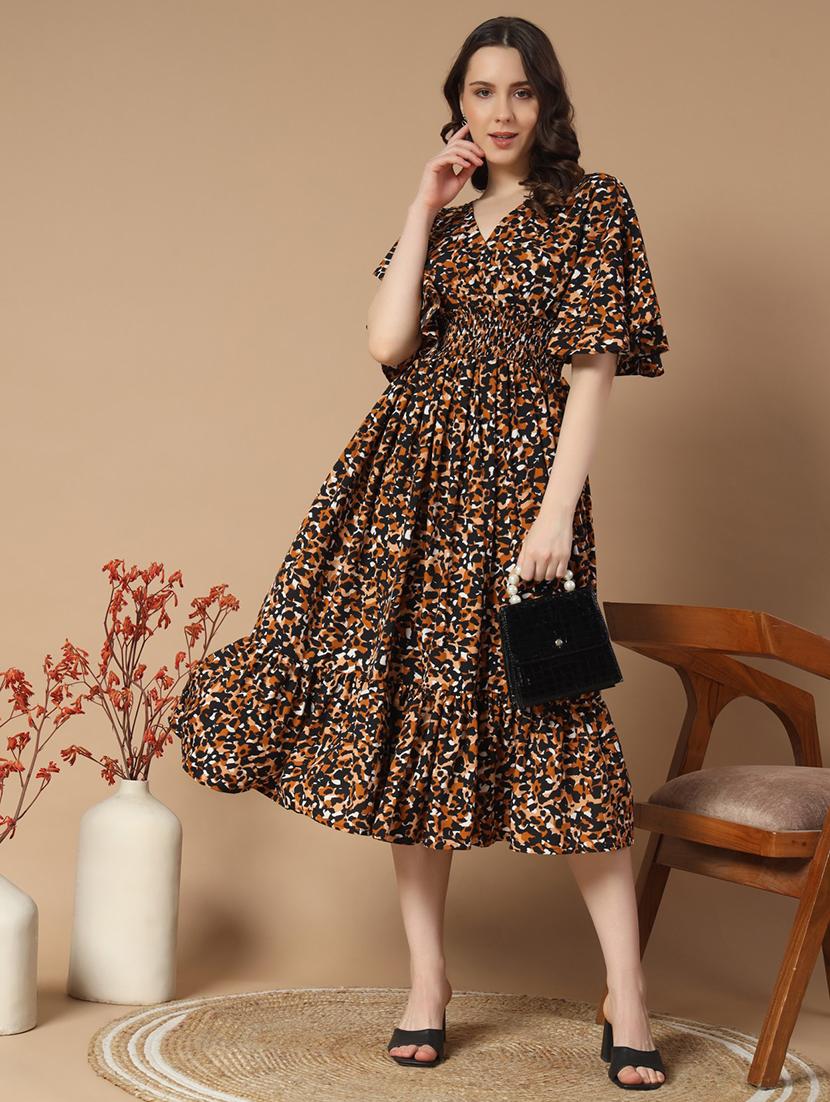 women animal printed bell sleeve tiered dress - 21796970 - Zoom Image - 0