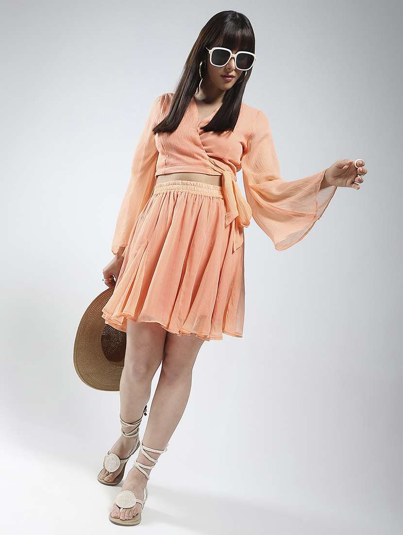 women solid bell sleeves top and skirt co-ord set - 21797003 - Standard Image - 3
