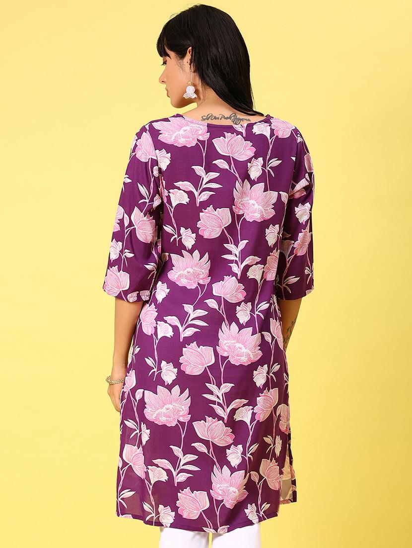 women purple floral print straight kurta - 21829900 - Standard Image - 3
