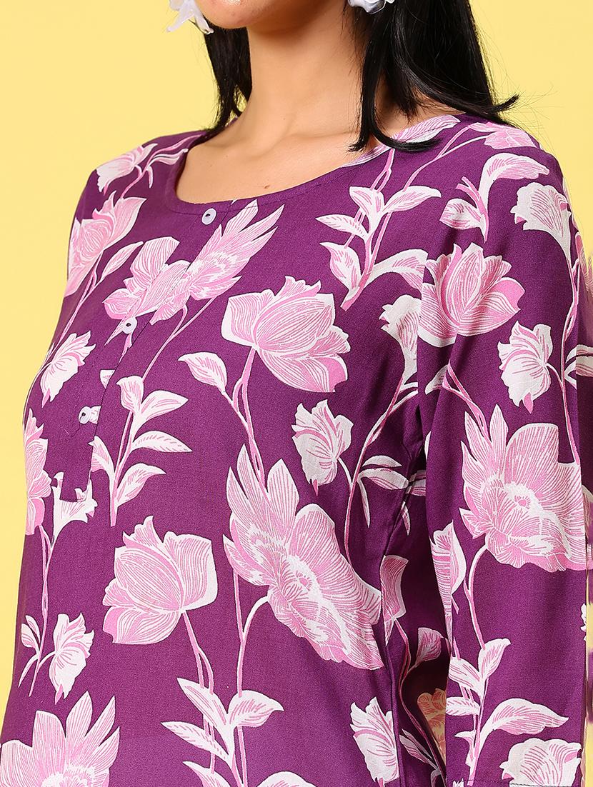 women purple floral print straight kurta - 21829900 - Standard Image - 5
