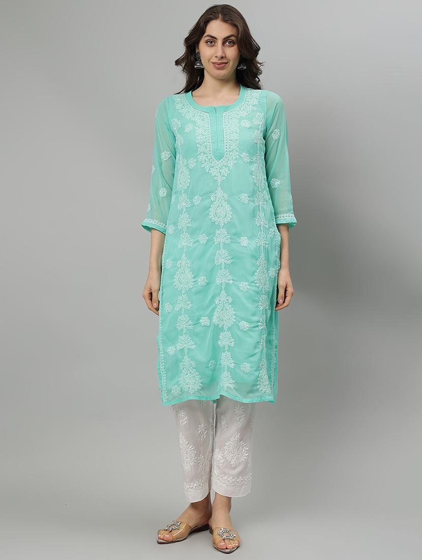 women three quarter sleeve straight chikankari kurta