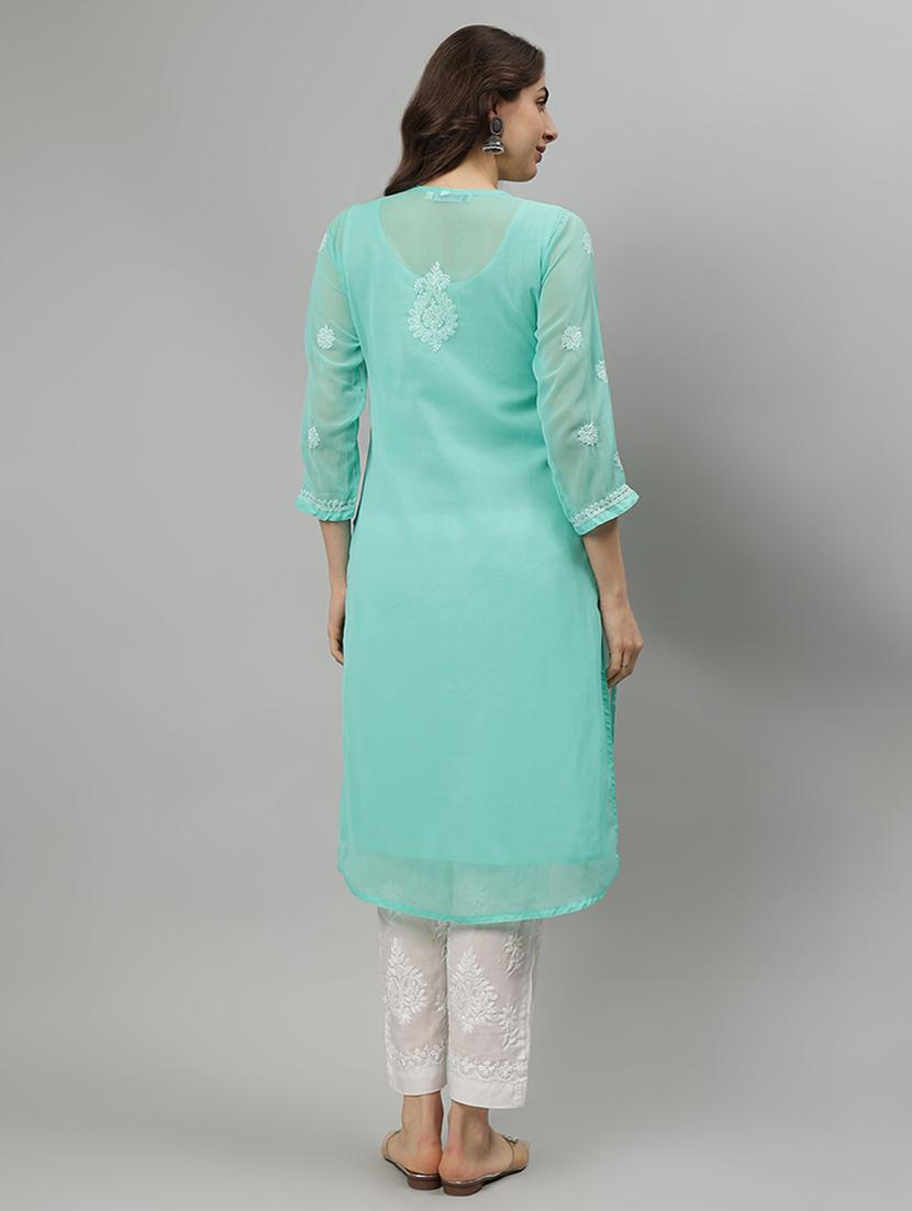women three quarter sleeve straight chikankari kurta - 21839455 - Standard Image - 3