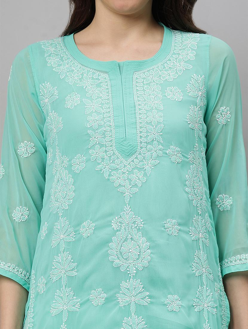 women three quarter sleeve straight chikankari kurta - 21839455 - Standard Image - 5