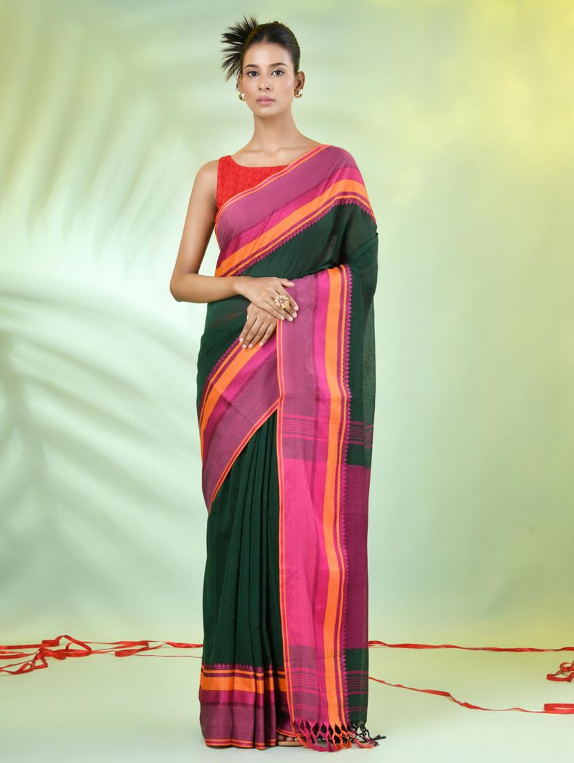 green cotton handloom saree with blouse - 21839467 - Zoom Image - 0