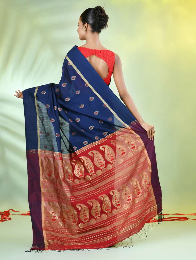 women blue handloom saree with blouse - 21839509 -  Standard Image - 3