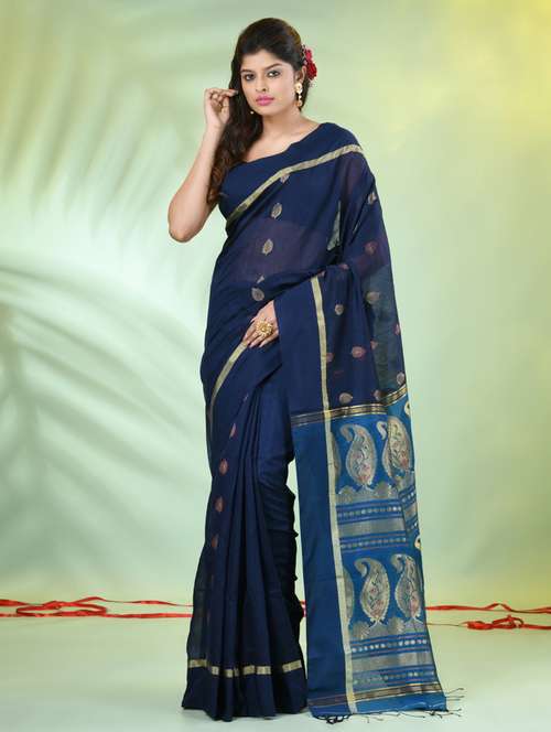 women blue handloom saree with blouse - 21839510 -  Standard Image - 0