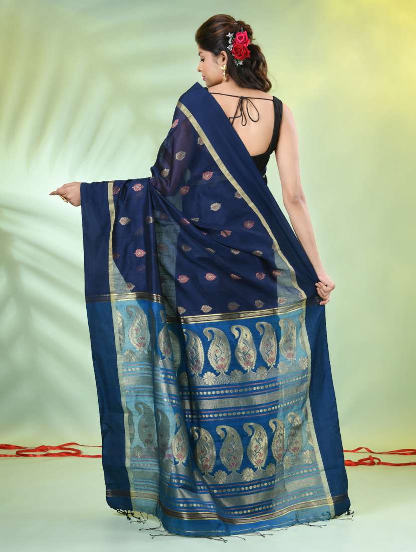 women blue handloom saree with blouse - 21839510 -  Standard Image - 3