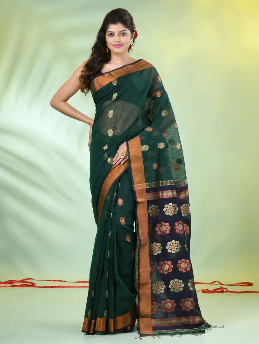 women bottle green handloom saree with blouse