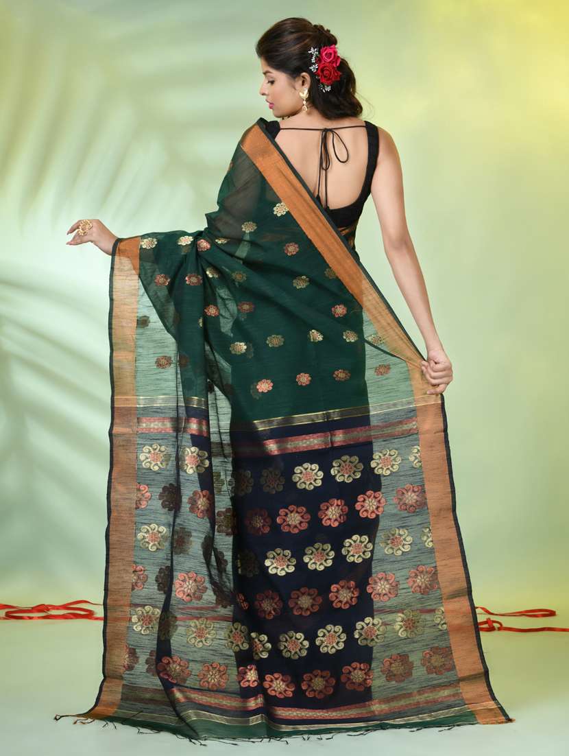 women bottle green handloom saree with blouse - 21839513 -  Standard Image - 3