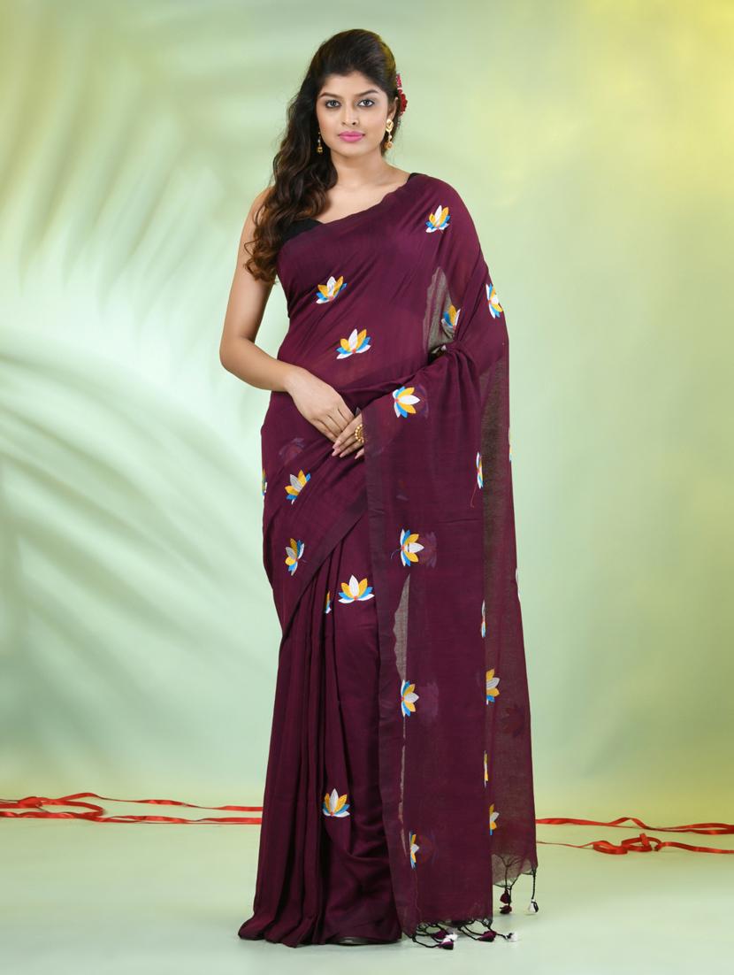 women purple embroidered saree with blouse - 21839560 - Zoom Image - 0
