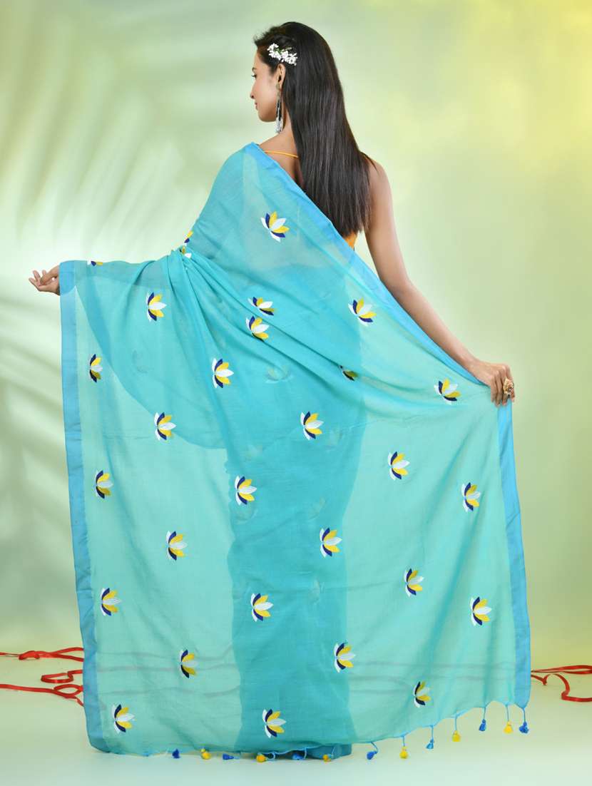 women turquoise embroidered saree with blouse - 21839562 -  Standard Image - 3