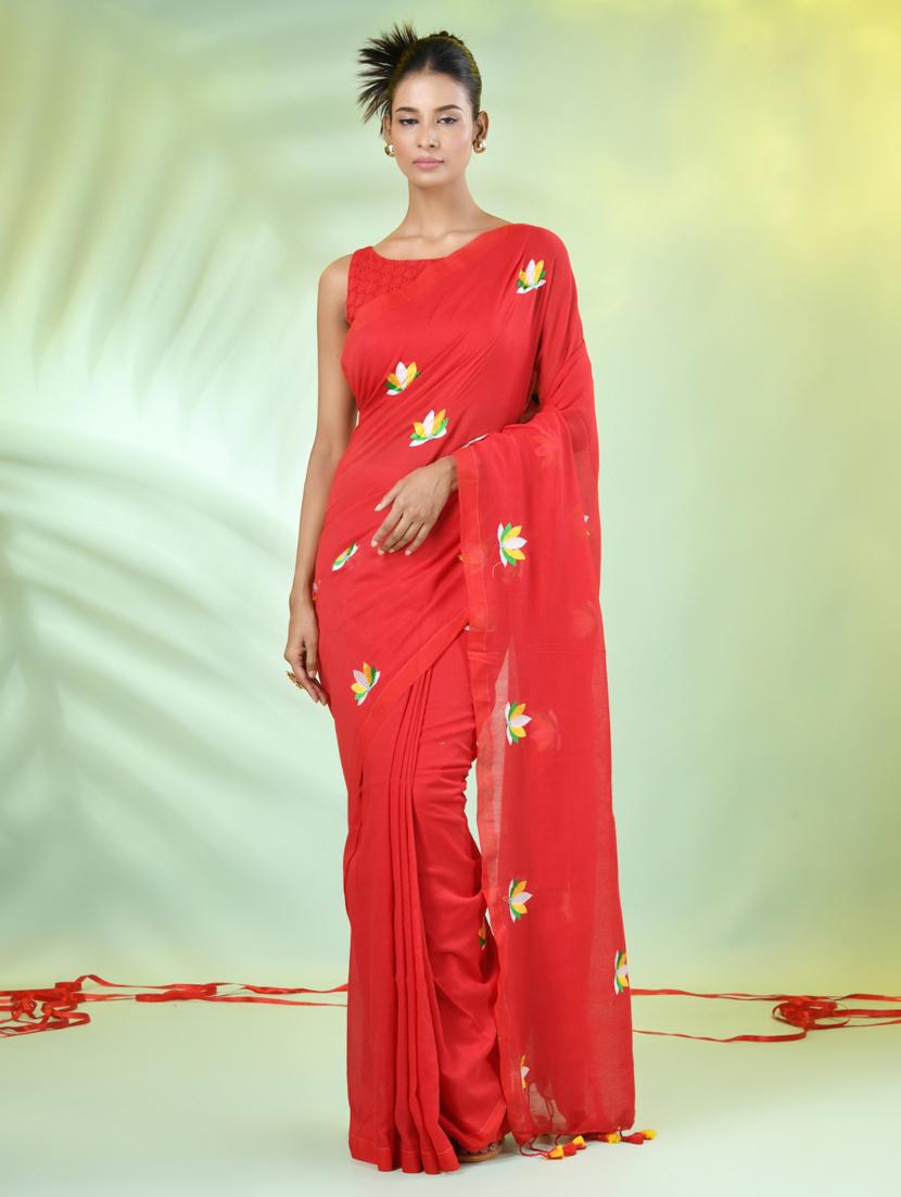 women red embroidered saree with blouse - 21839563 - Zoom Image - 0