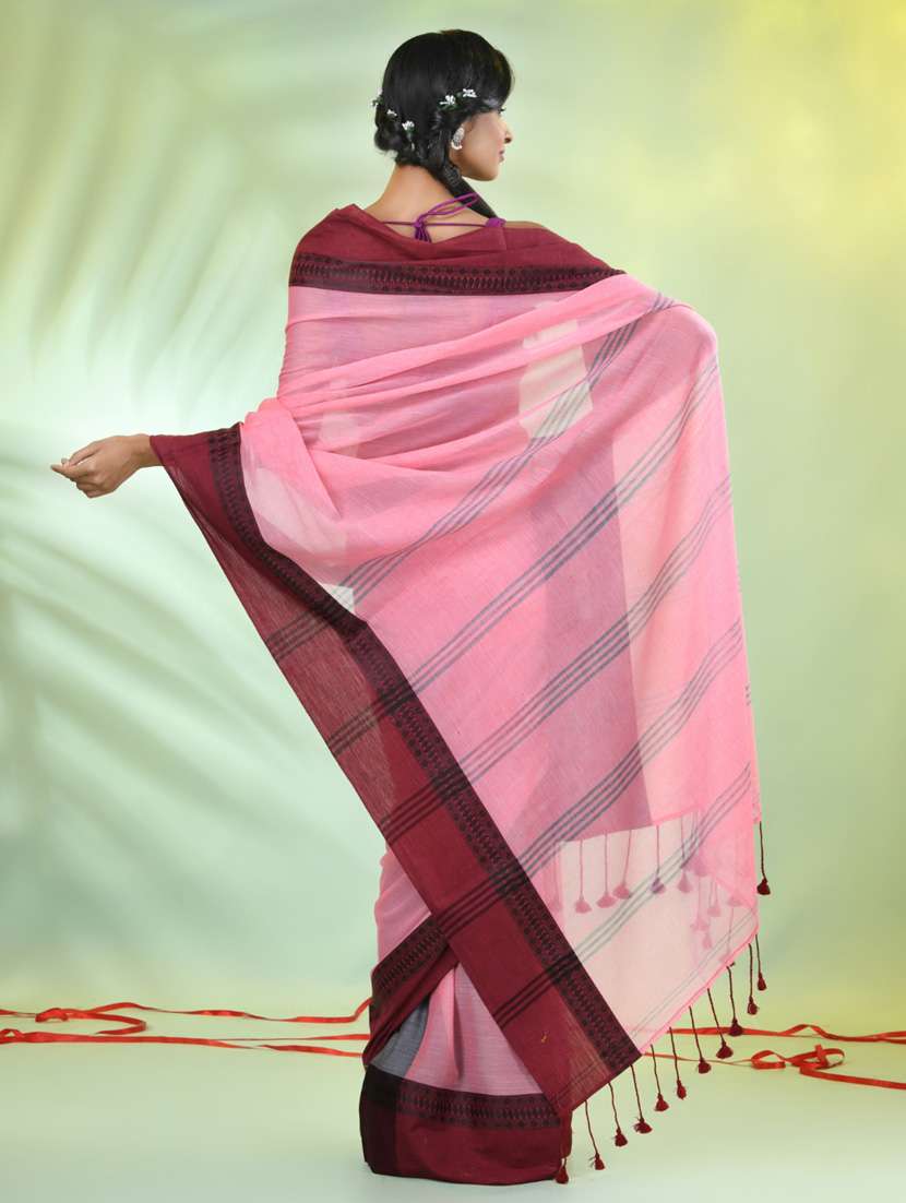 women pink handloom saree with blouse - 21839576 -  Standard Image - 3
