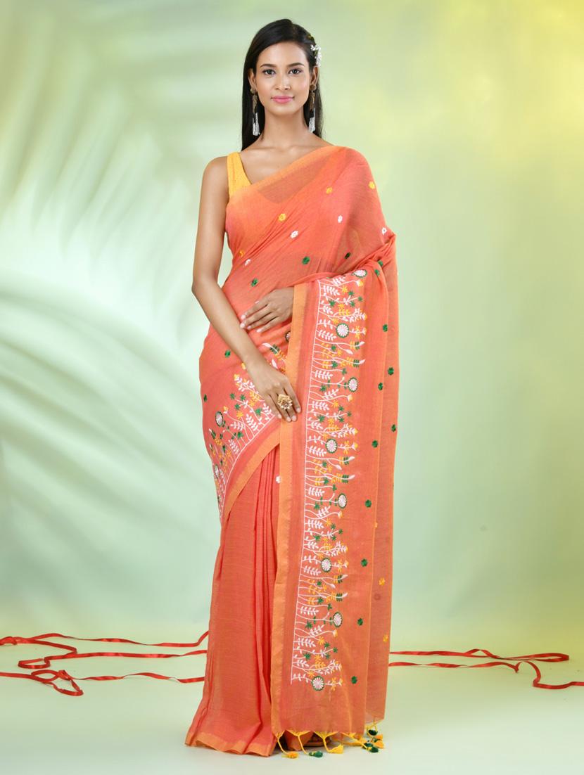 women orange embroidered saree with blouse
