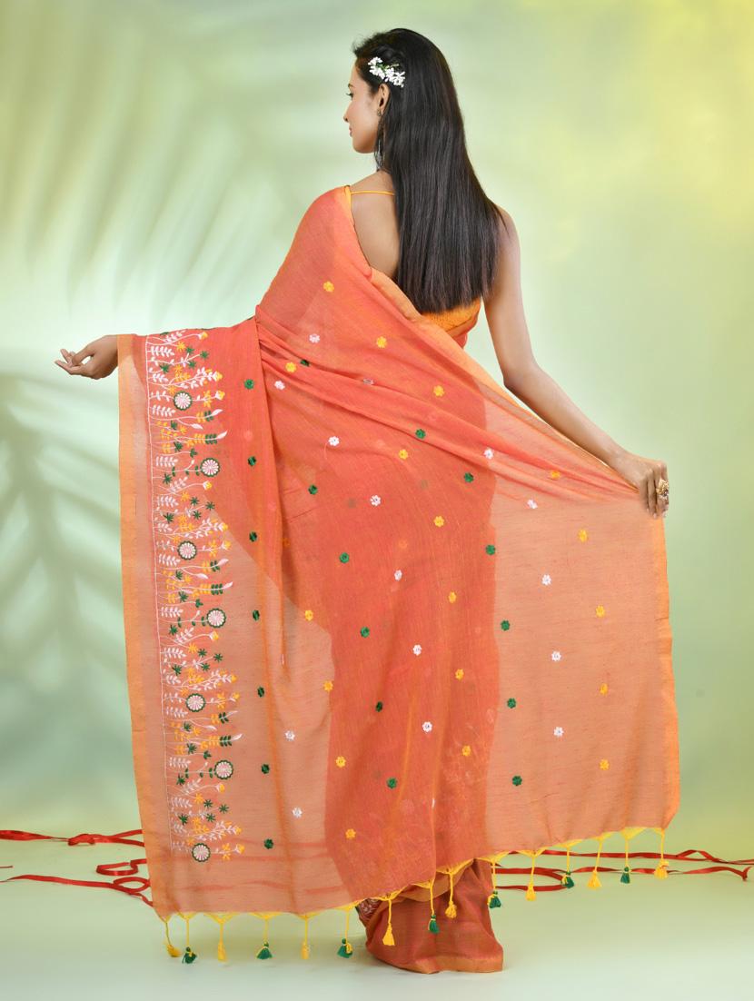 women orange embroidered saree with blouse - 21839594 - Standard Image - 3