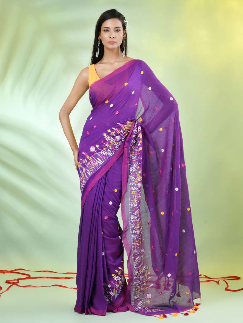 women purple embroidered saree with blouse