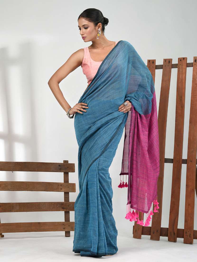 women blue handloom saree with blouse - 21839774 -  Zoom Image - 0