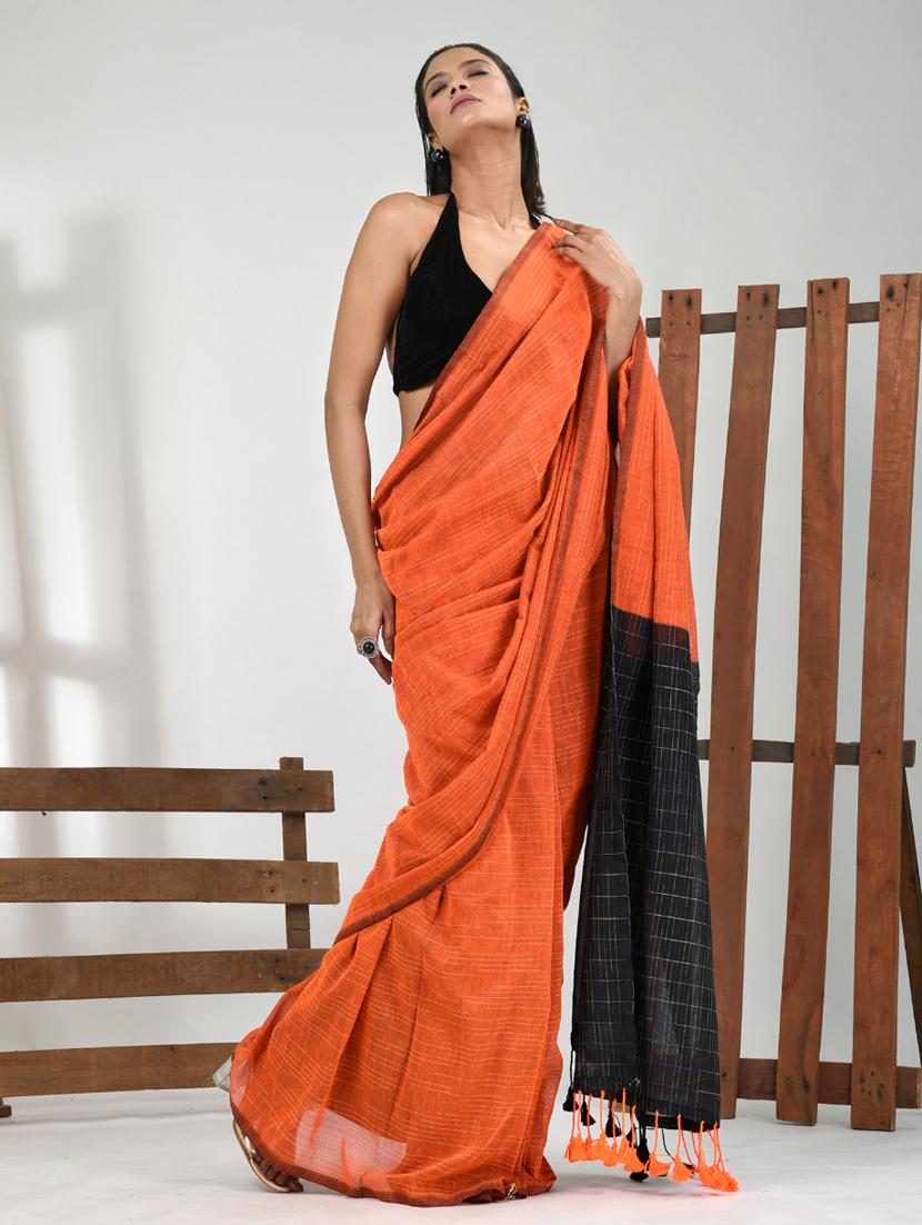 women orange handloom saree with blouse - 21839775 -  Zoom Image - 0