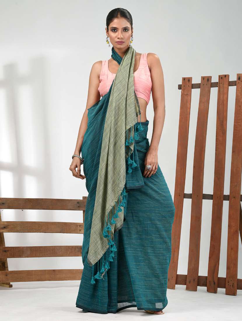 women teal handloom saree with blouse
