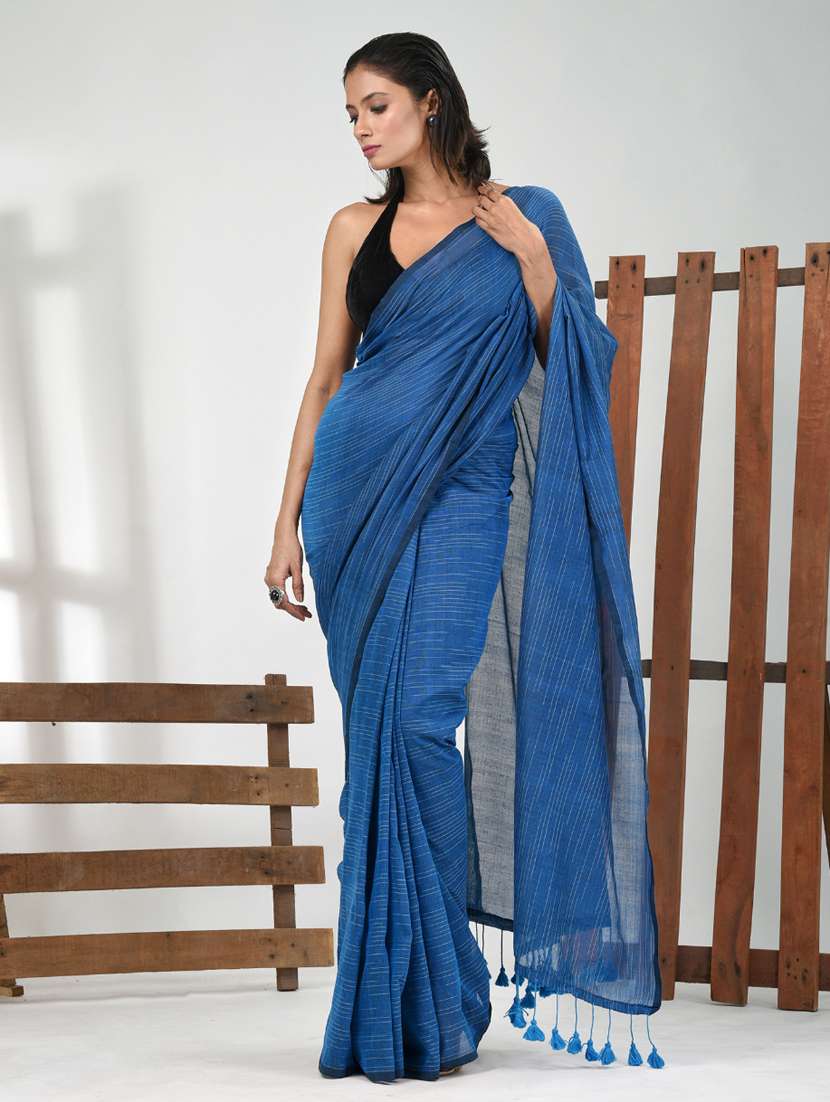 women blue handloom saree with blouse
