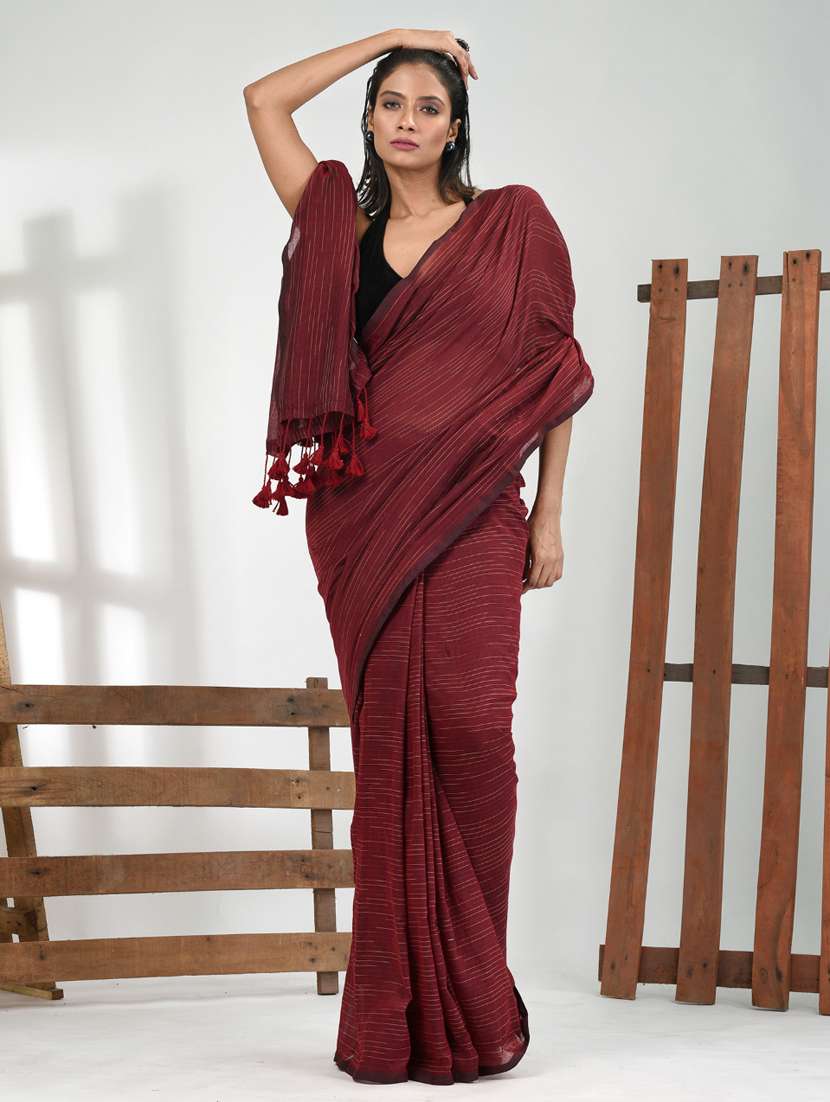 women maroon handloom saree with blouse