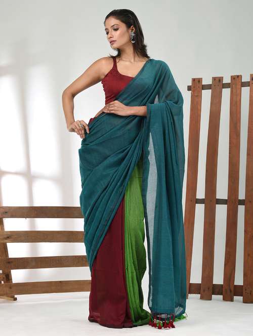 women teal handloom saree with blouse - 21839784 -  Standard Image - 0