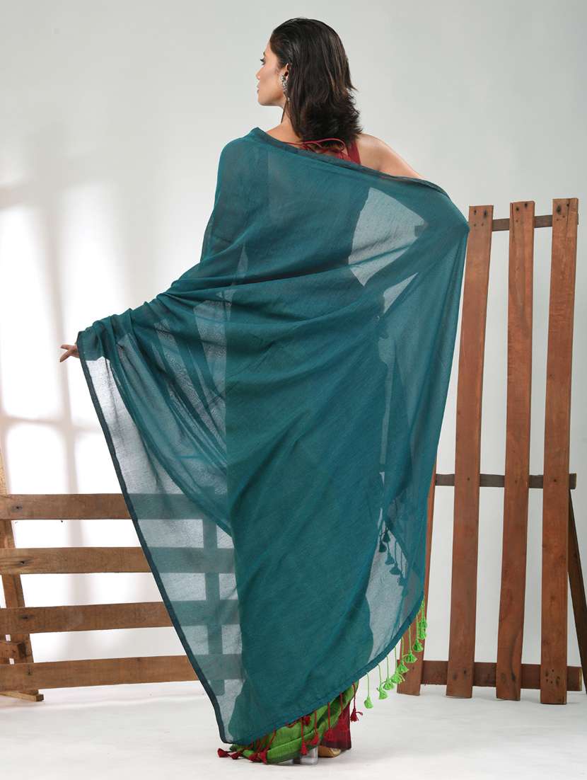 women teal handloom saree with blouse - 21839784 -  Standard Image - 3