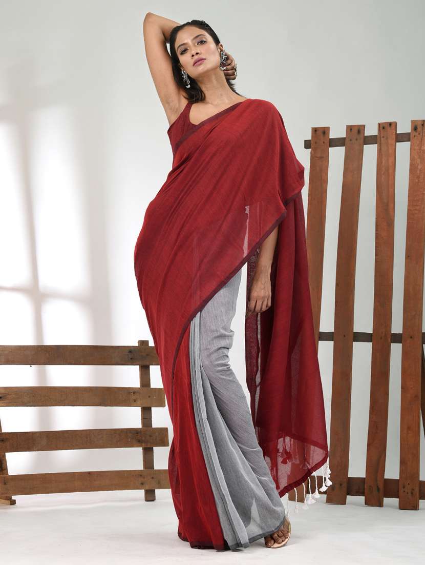 women maroon handloom saree with blouse - 21839788 -  Zoom Image - 0